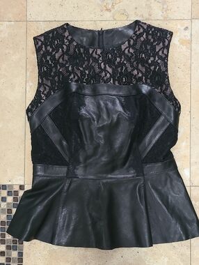 ANTONIO MELANI Black Lace & Genuine Leather Peplum Top